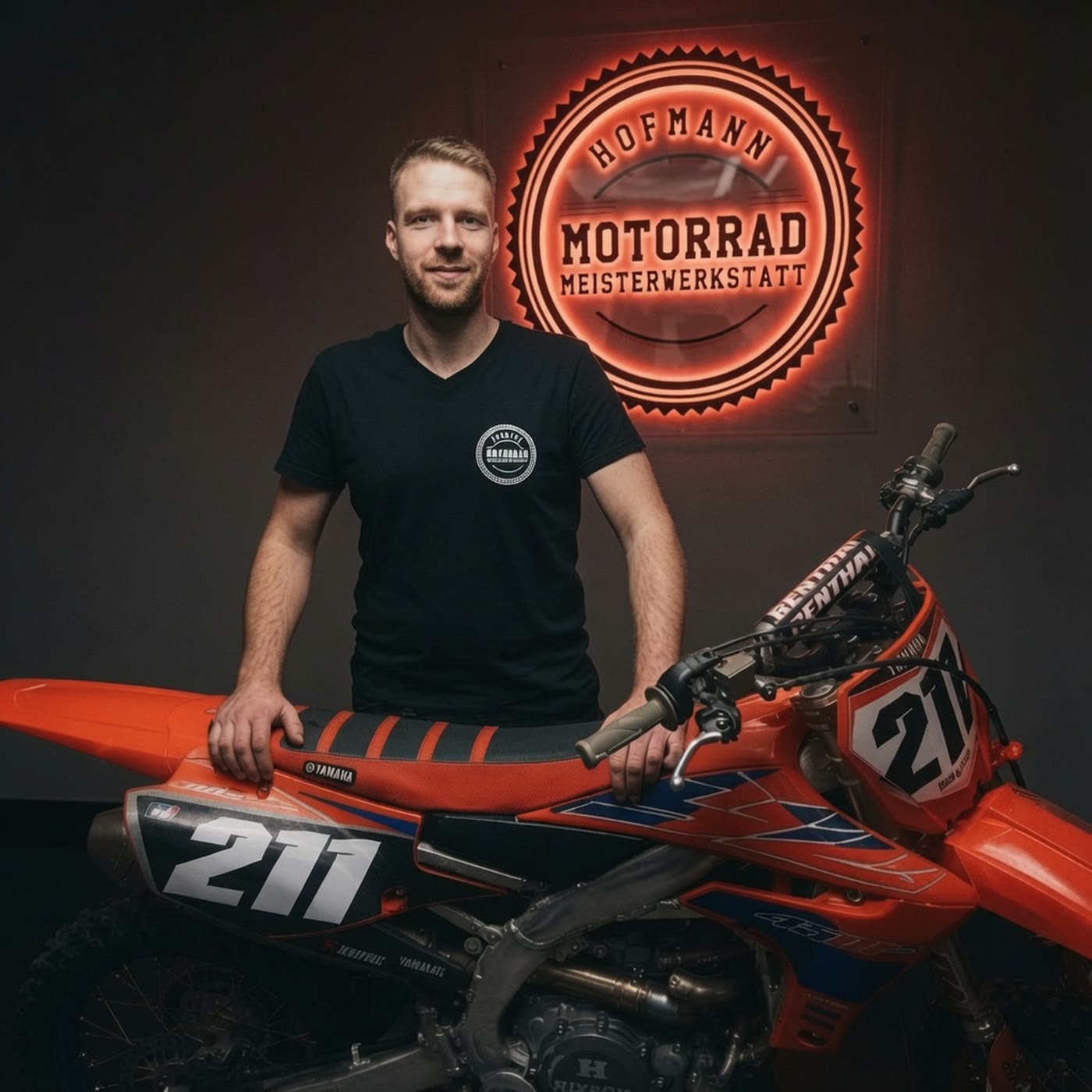Florian Hofmann in seiner Werkstatt neben seiner Motocross-Maschine mit Startnummer 211